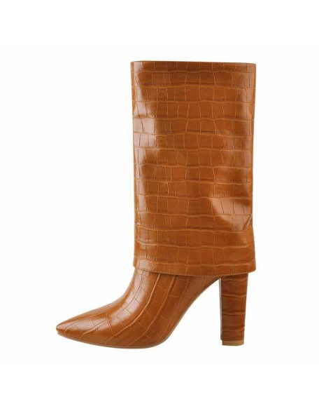 Black Brown Pointed Toe Stone Chunky Heels Winter Boots