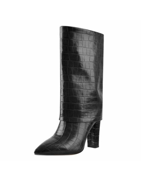 Black Brown Pointed Toe Stone Chunky Heels Winter Boots