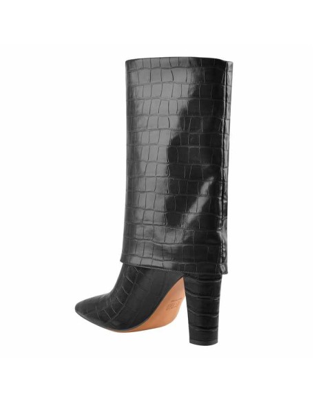 Black Brown Pointed Toe Stone Chunky Heels Winter Boots