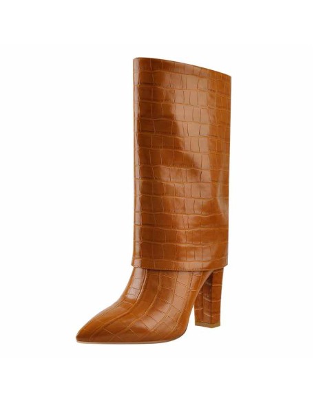 Black Brown Pointed Toe Stone Chunky Heels Winter Boots