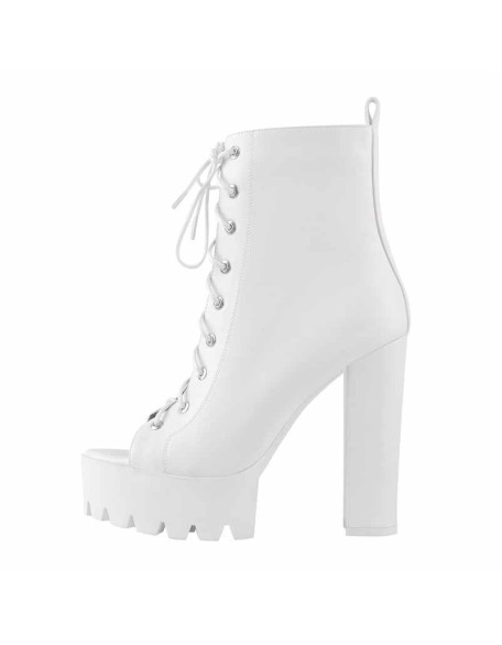 Peep Toe White Platform Lace Up Chunky Heels Ankle Boots