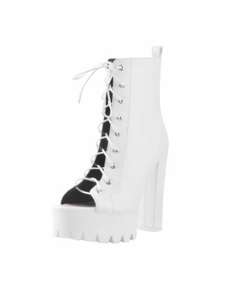 Peep Toe White Platform Lace Up Chunky Heels Ankle Boots