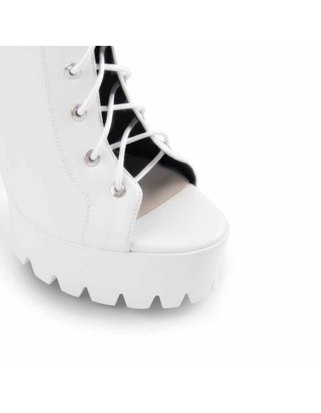 Peep Toe White Platform Lace Up Chunky Heels Ankle Boots