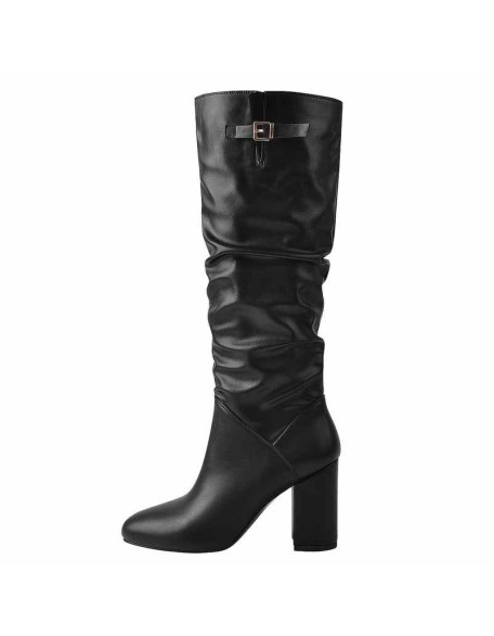 Matte Black Leather Chunky Heels Boots