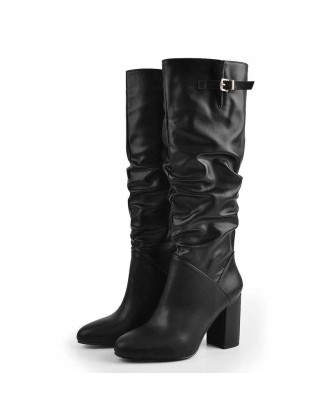 Matte Black Leather Chunky Heels Boots