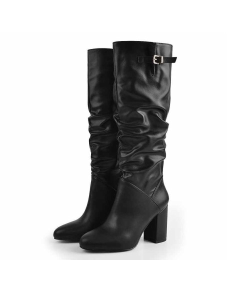 Matte Black Leather Chunky Heels Boots