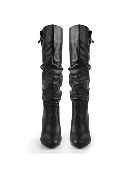 Matte Black Leather Chunky Heels Boots