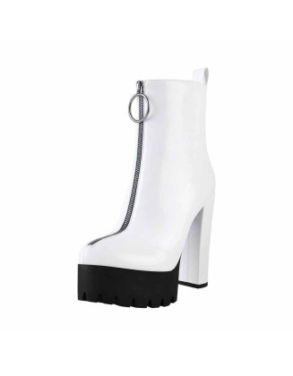 White Platform Round Toe Zipper Chunky Heels Ankle Boots