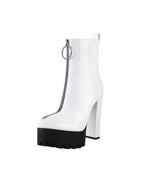 White Platform Round Toe Zipper Chunky Heels Ankle Boots