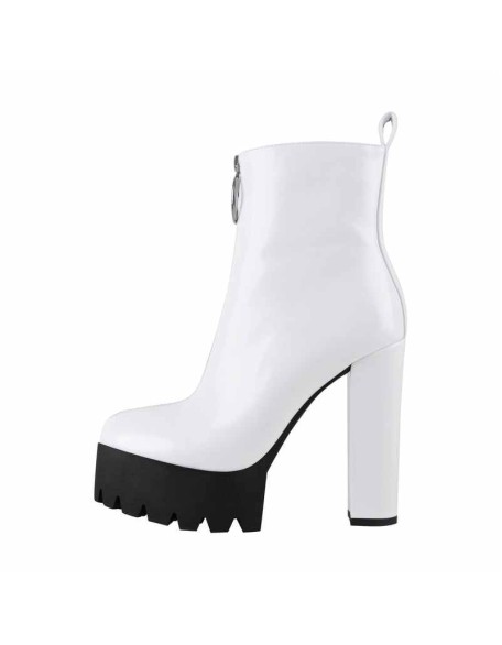 White Platform Round Toe Zipper Chunky Heels Ankle Boots