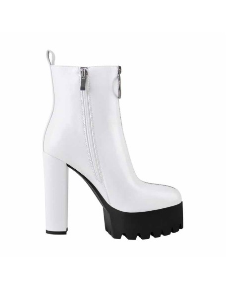 White Platform Round Toe Zipper Chunky Heels Ankle Boots