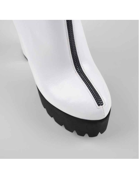 White Platform Round Toe Zipper Chunky Heels Ankle Boots