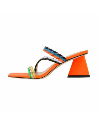 Orange Square Toe Colorful Bands Chunky Heel Sandals Mules