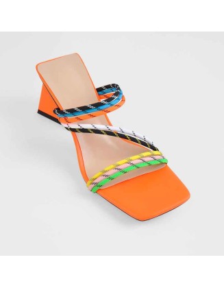 Orange Square Toe Colorful Bands Chunky Heel Sandals Mules