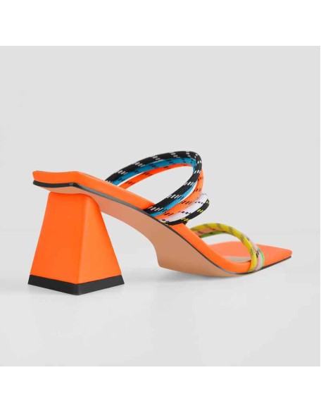 Orange Square Toe Colorful Bands Chunky Heel Sandals Mules
