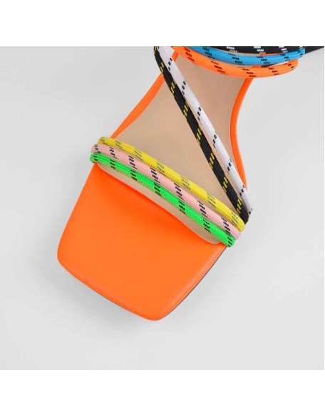 Orange Square Toe Colorful Bands Chunky Heel Sandals Mules