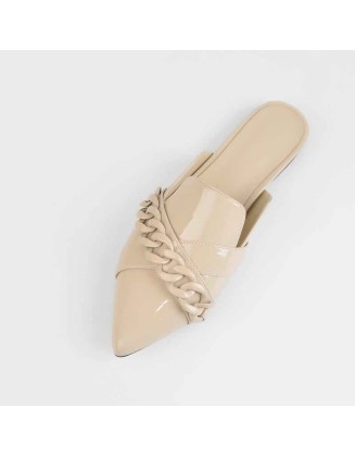 Beige Pointed Toe Chain Mule Shoes