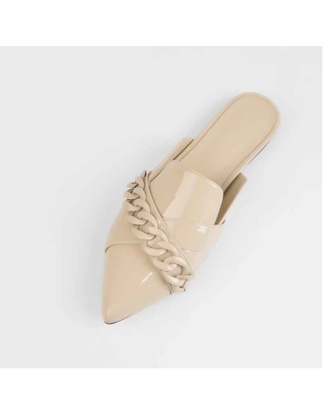 Beige Pointed Toe Chain Mule Shoes