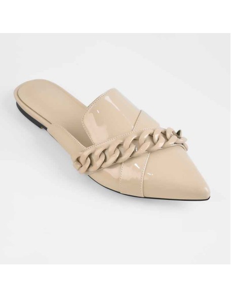 Beige Pointed Toe Chain Mule Shoes