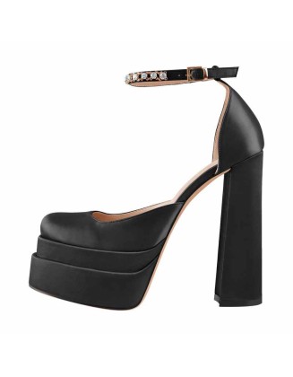 Black Rose Yellow Silk-like Rhinestone Platform Chunky High Heels Pumps