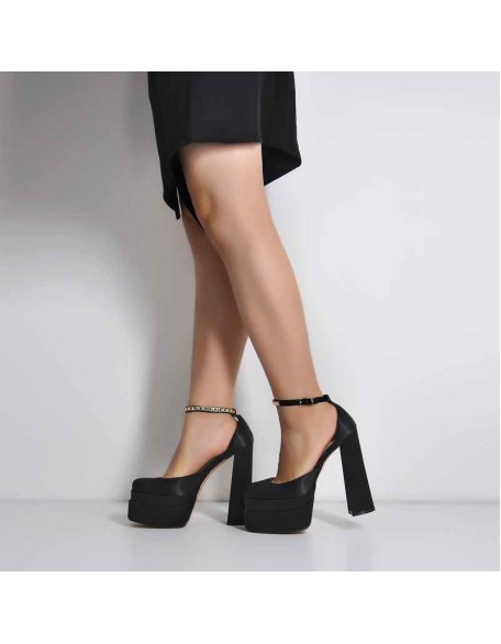 Black Rose Yellow Silk-like Rhinestone Platform Chunky High Heels Pumps