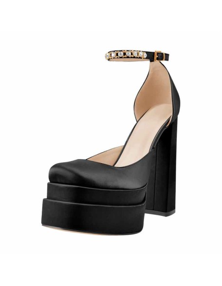 Black Rose Yellow Silk-like Rhinestone Platform Chunky High Heels Pumps