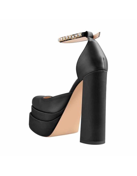 Black Rose Yellow Silk-like Rhinestone Platform Chunky High Heels Pumps