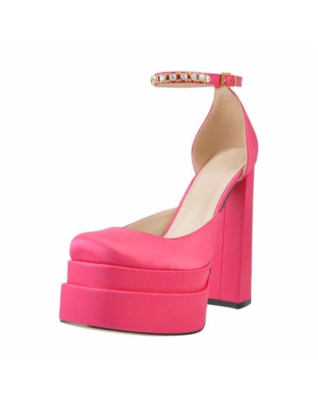 Black Rose Yellow Silk-like Rhinestone Platform Chunky High Heels Pumps