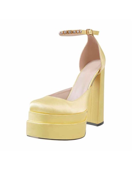 Black Rose Yellow Silk-like Rhinestone Platform Chunky High Heels Pumps