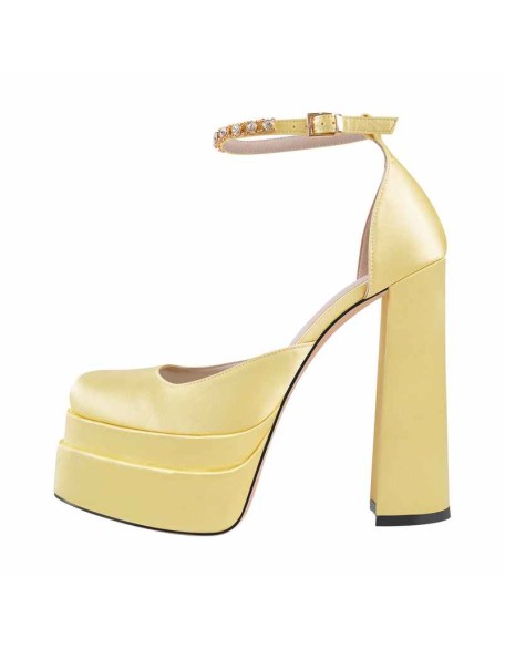 Black Rose Yellow Silk-like Rhinestone Platform Chunky High Heels Pumps