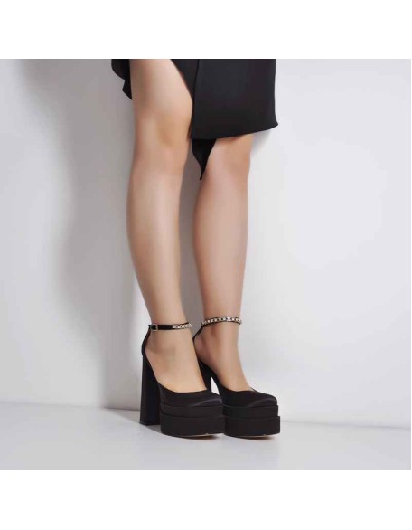 Black Rose Yellow Silk-like Rhinestone Platform Chunky High Heels Pumps