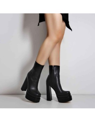 Square Toe Black Double Platform Block Heel Ankle Boot