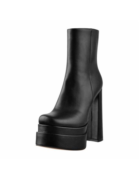 Square Toe Black Double Platform Block Heel Ankle Boot