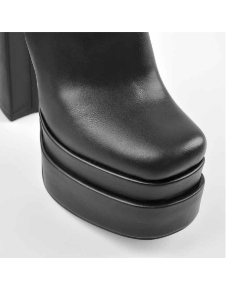 Square Toe Black Double Platform Block Heel Ankle Boot