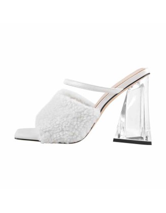 White Square Toe Feather Chunky Clear Heel Sandals Mules