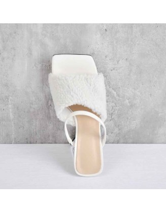 White Square Toe Feather Chunky Clear Heel Sandals Mules