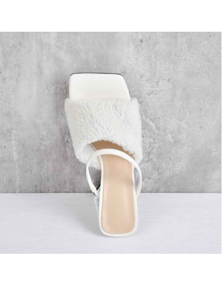 White Square Toe Feather Chunky Clear Heel Sandals Mules