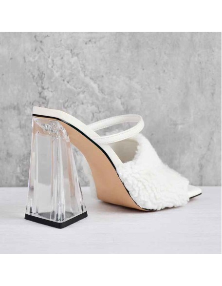 White Square Toe Feather Chunky Clear Heel Sandals Mules