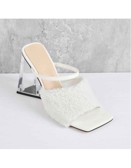 White Square Toe Feather Chunky Clear Heel Sandals Mules