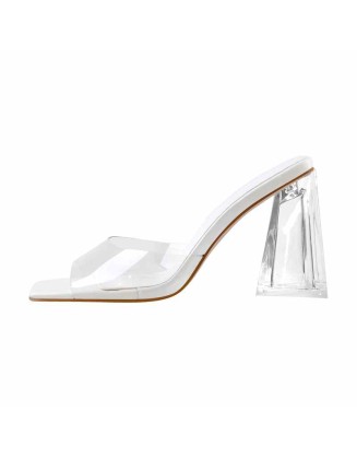 White Green Clear Chunky Heel Sandals Mules
