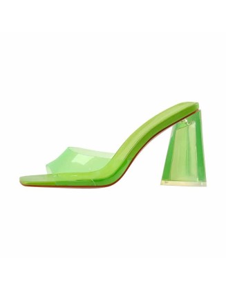 White Green Clear Chunky Heel Sandals Mules