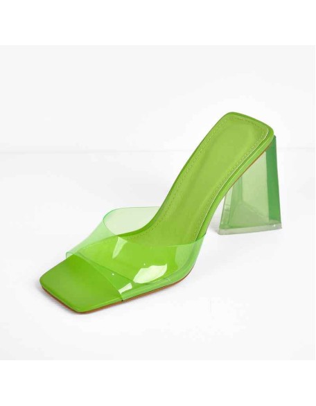 White Green Clear Chunky Heel Sandals Mules