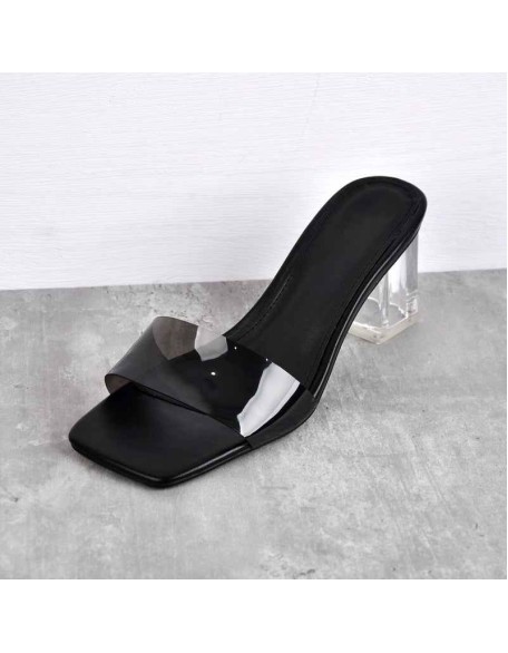 Black White Clear Chunky Low Heel Sandals Mules