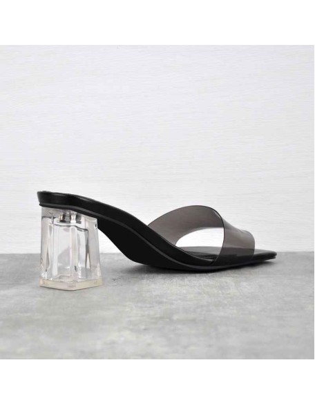 Black White Clear Chunky Low Heel Sandals Mules