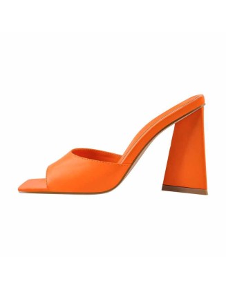 Square Toe Yellow Orange Green Chunky Heel Sandals Mules