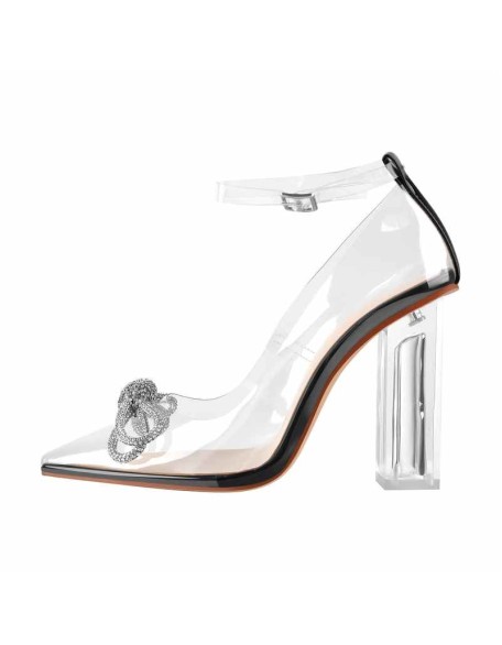 Bowknot Rhinestone Pointed Toe Clear Chunky Heels Pumps