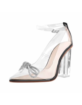 Bowknot Rhinestone Pointed Toe Clear Chunky Heels Pumps