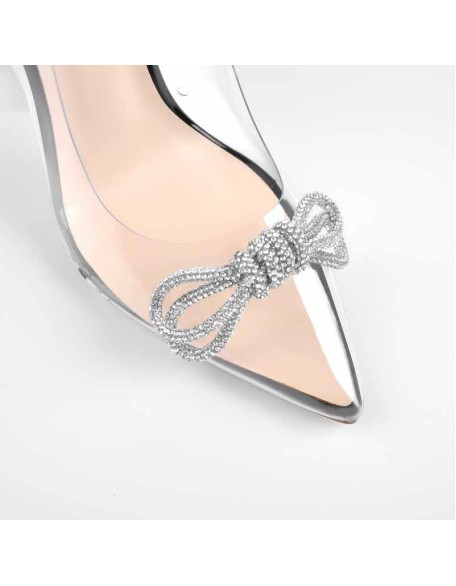 Bowknot Rhinestone Pointed Toe Clear Chunky Heels Pumps