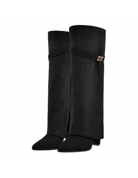 Black Suede Pointed Toe Zipper High Heel Fold Over Boots