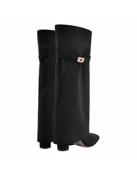 Black Suede Pointed Toe Zipper High Heel Fold Over Boots